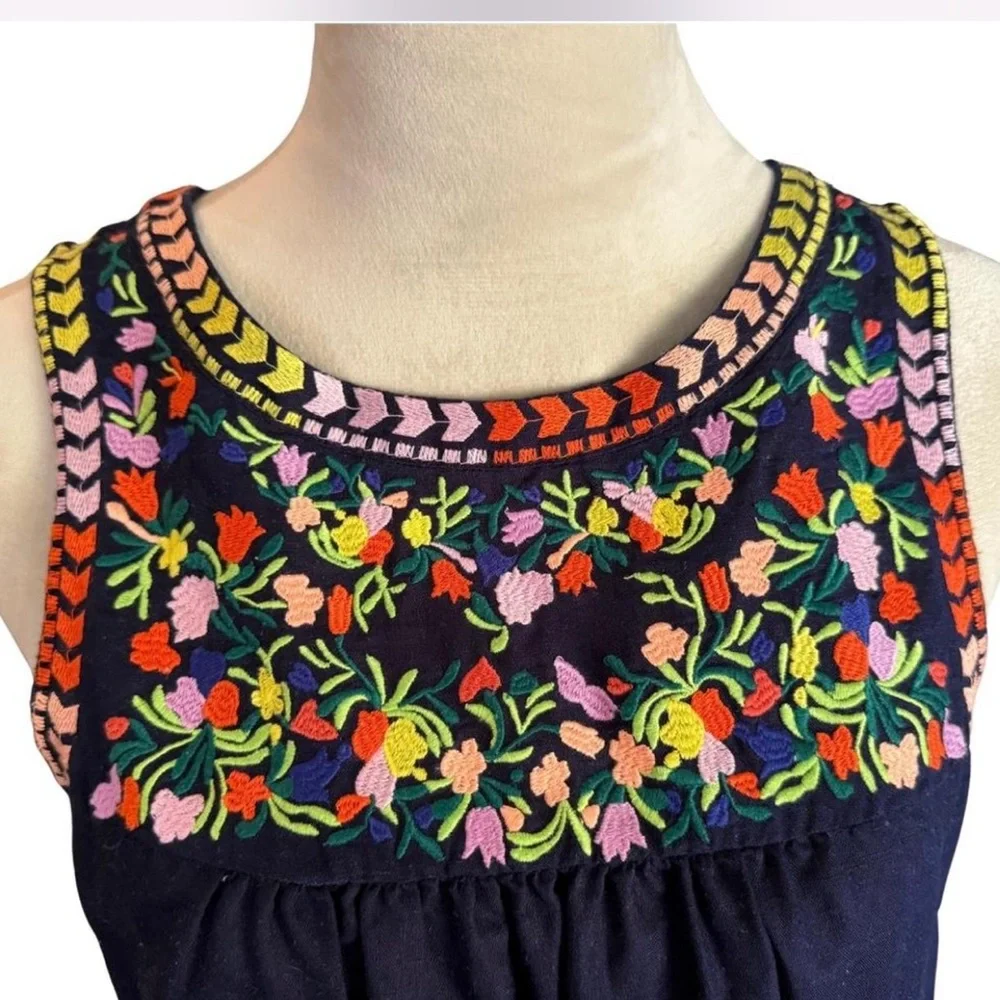 J Crew Navy Blue Floral Embroidered Linen Cotton Blend Shift Dress - Size 2 - Picture 2 of 8